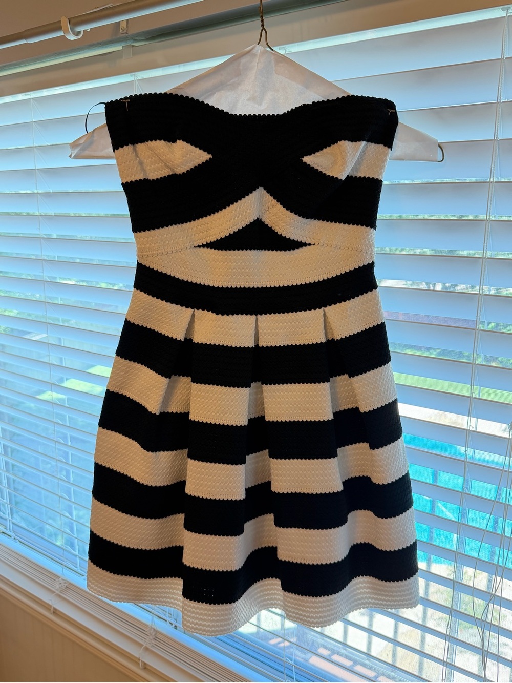 Express Strapless Black and White Striped Fit-and-Flare Dress